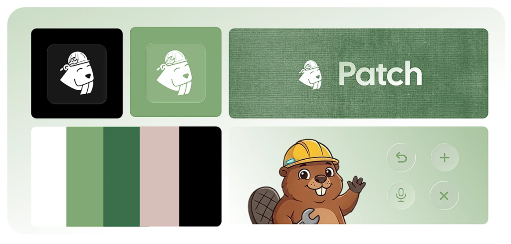 Patch brand identity, logo mark, color palette and mascot elements