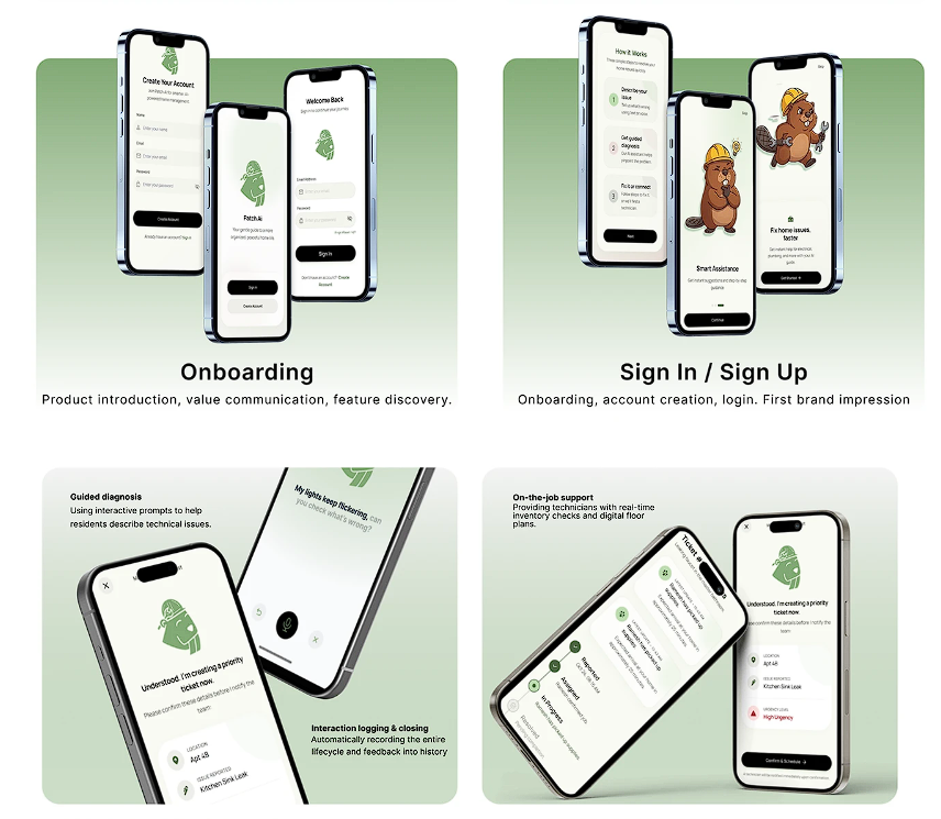 Patch mobile screens workflow for onboarding, sign up, guided diagnosis, and repair logging